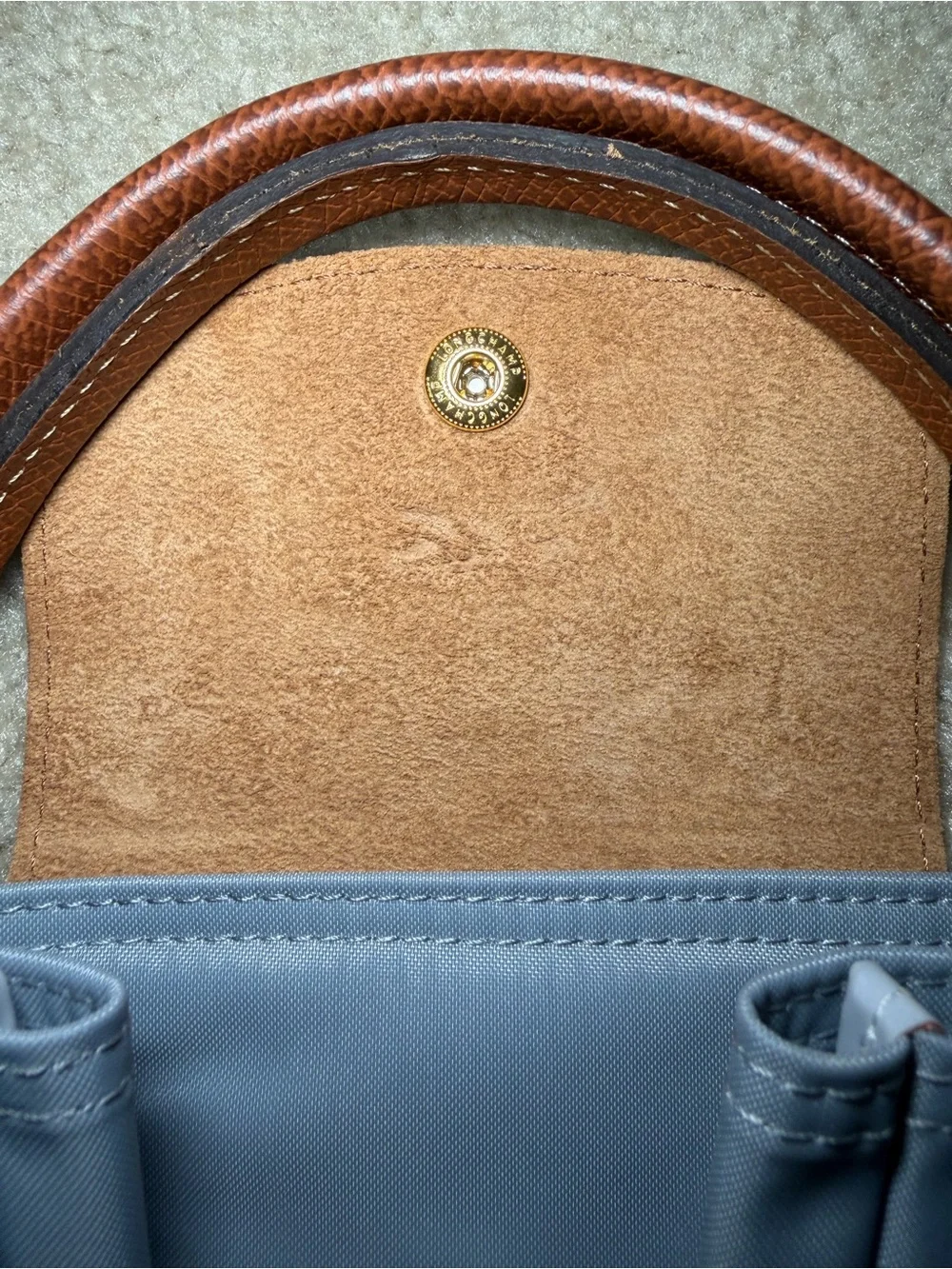 Longchamp Le Pliage Women's Tote Bag in Light Blue with Brown Trim - Picture 12 of 12